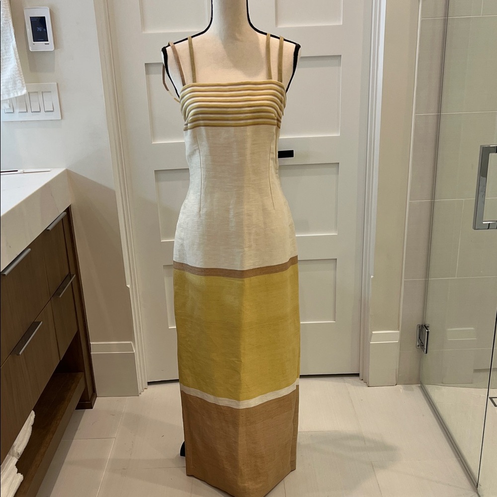 Elegant Yellow and Brown Striped Dress